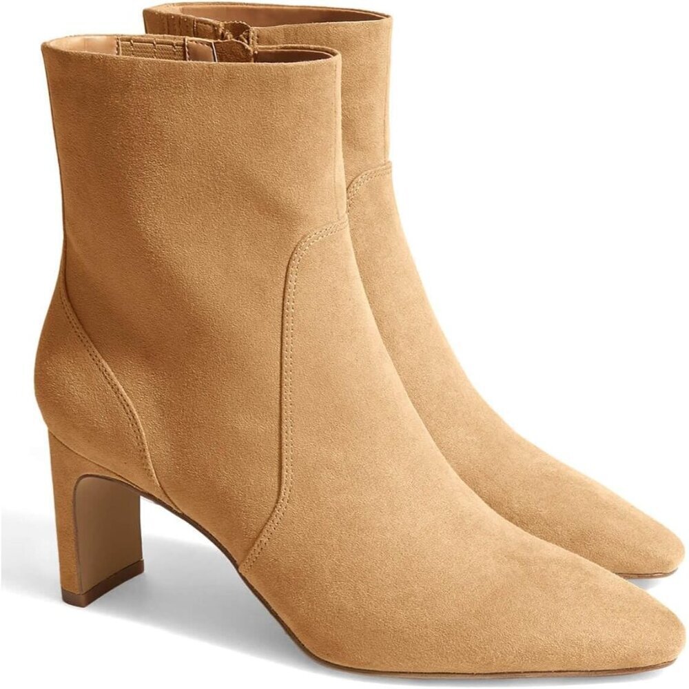 Women Light Brown Chunky Low Heel Square Pointed Toe Side Zipper Faux Suede Boot
